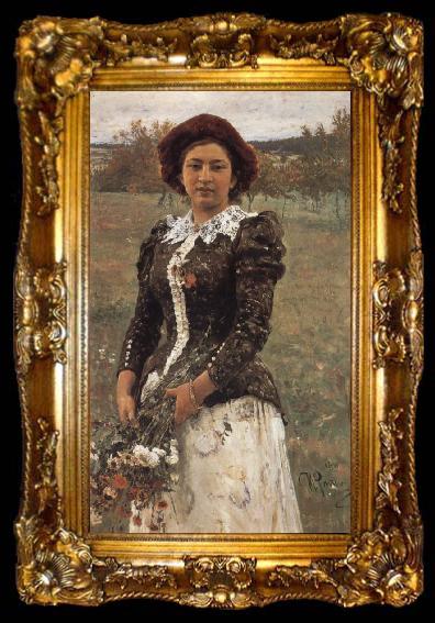 framed  Ilya Repin Autumn Bouquet Portrait of Vera Repina,the Artist-s Daughter, ta009-2